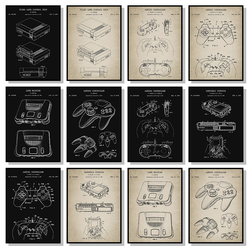Gaming Console Tower - Vintage Spielkonsolen-Bluprint-Poster und Drucke, Spiel-Wandkunst, Leinwandgemälde,